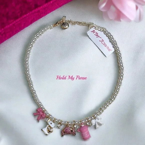 Betsey Johnson Baby Cakes Faux Pearl Rhinestone Baking Charm Necklace NIB - Picture 2 of 6